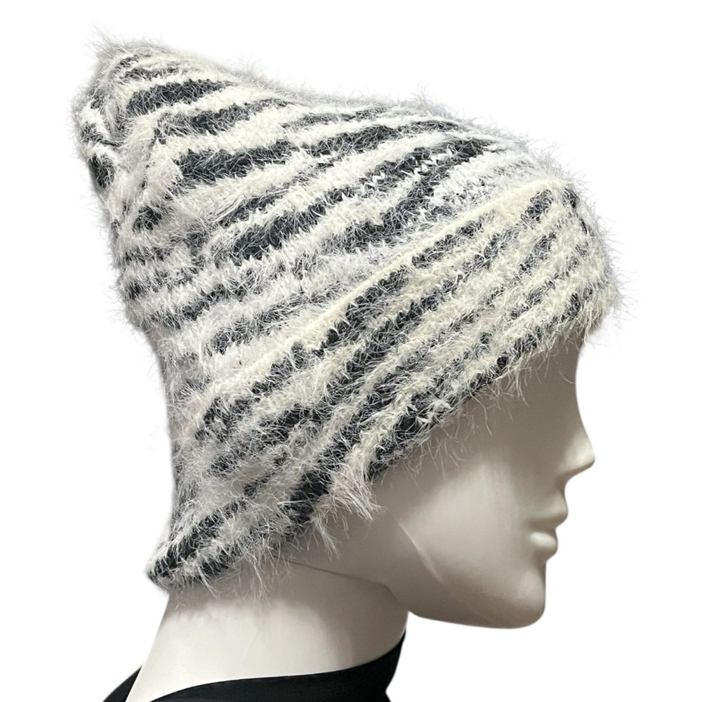 DKNY Fuzzy Black and White Striped Hat Animal Print Beanie, One Size